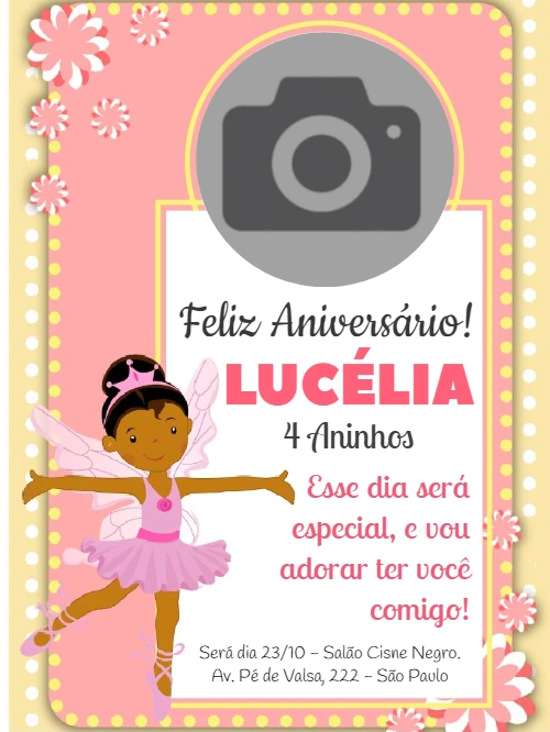 Convite Aniversário Bailarina Negra com Foto para Editar Online