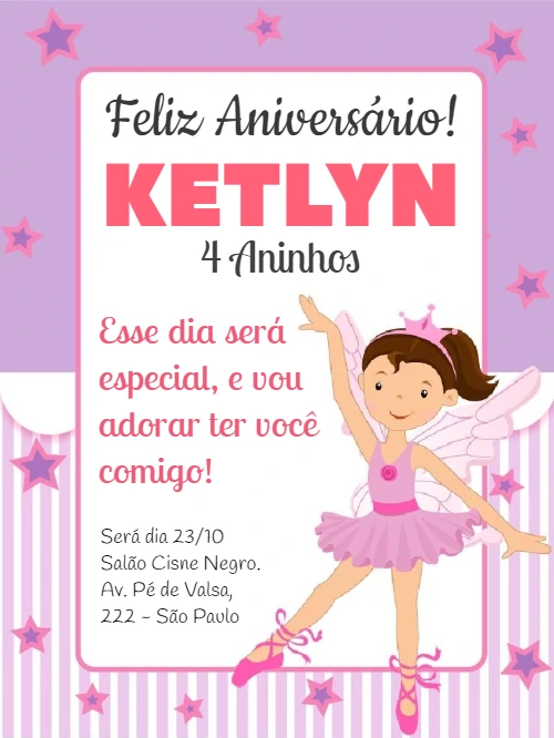 Convite de Aniversário Bailarina para Editar Online