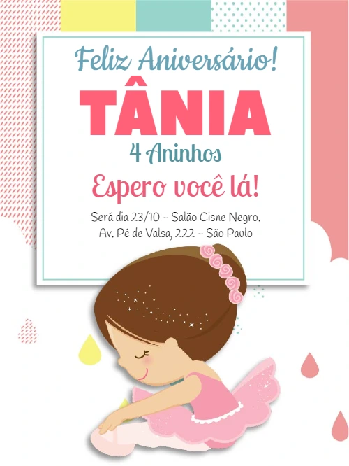 Convite de Aniversário Bailarina Delicado para Editar Online