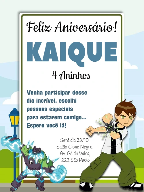 Convite de Aniversário Ben 10 com Personagens para Editar Online