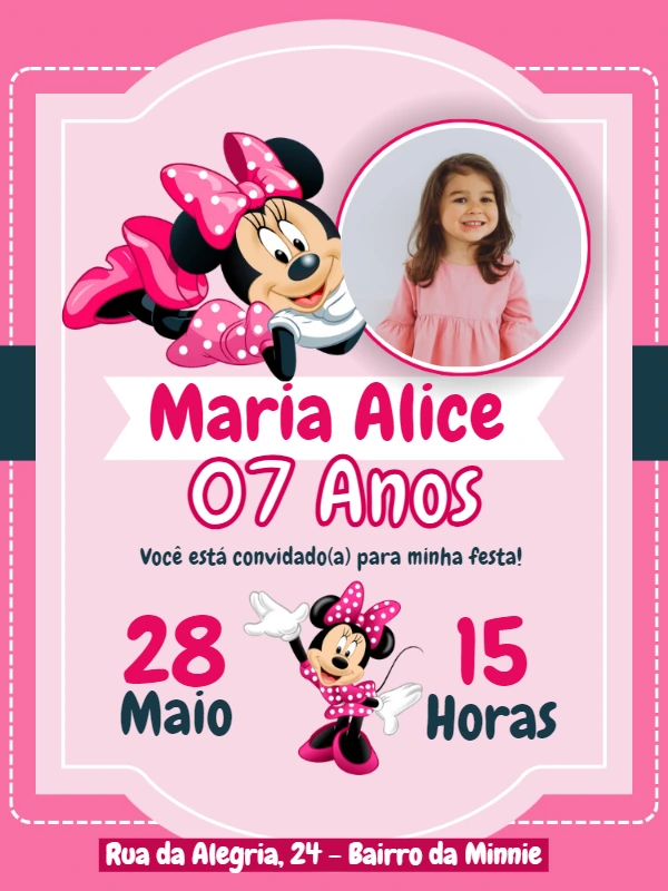 Convite de Aniversário Minnie Mouse com Foto para Editar