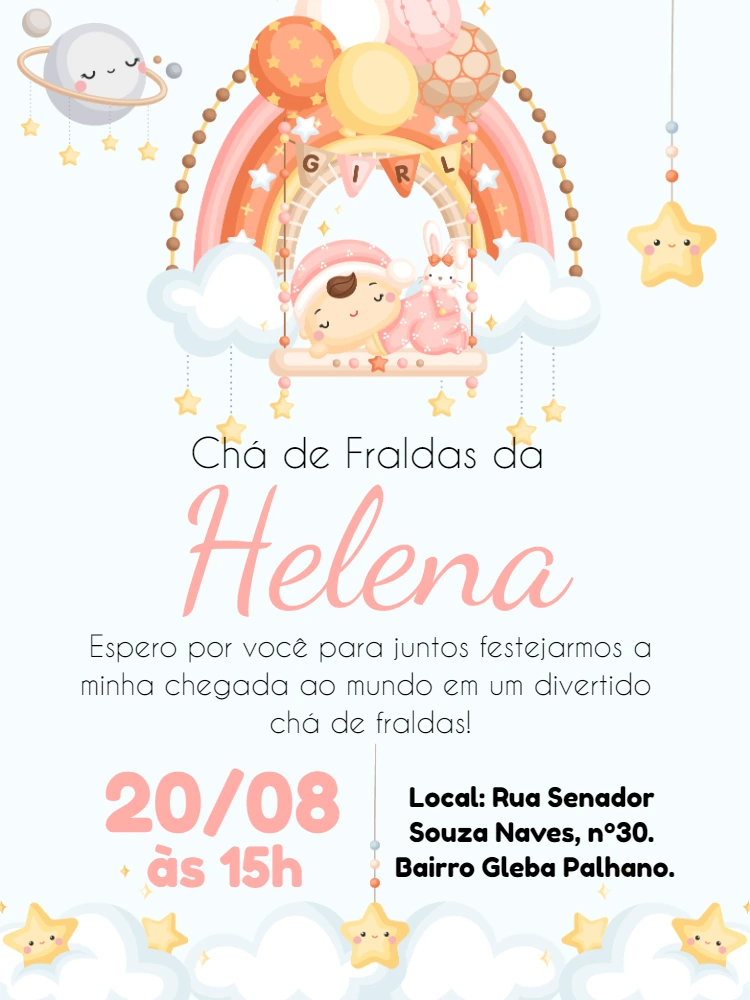 Convite Chá de Fraldas Menina Arco Íris para Editar Online