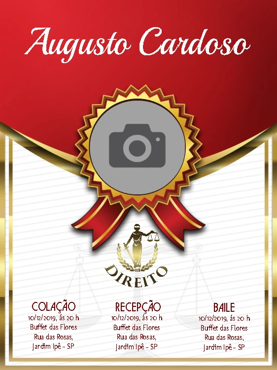 Convite de Formatura Direito com Foto para Editar Online
