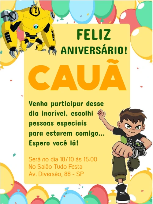 Convite de Aniversário Ben 10 com Personagens para Editar Online