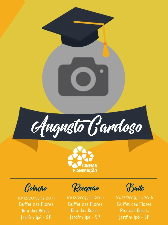 Convite de Formatura Cinema e Animação com Foto para Editar
