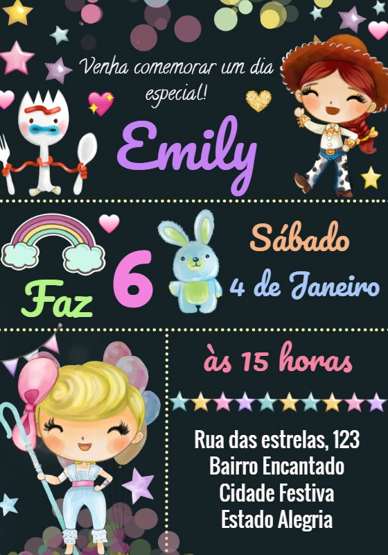 Convite Aniversário Toy Story Menina para Editar Online
