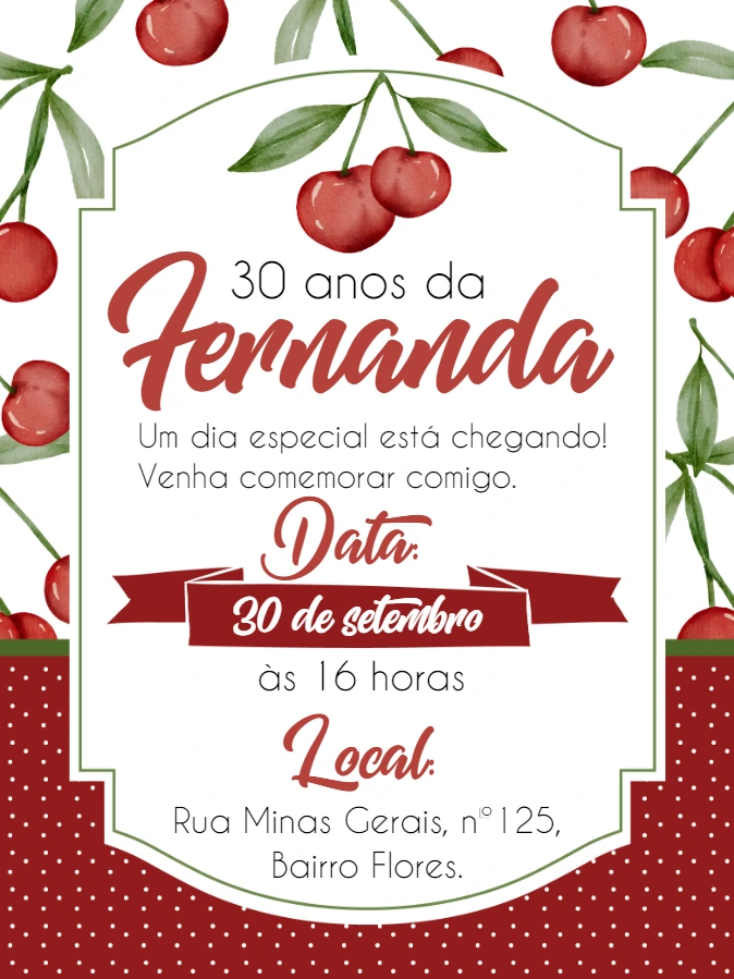 Convite de Aniversário Tema Cereja para Editar Online