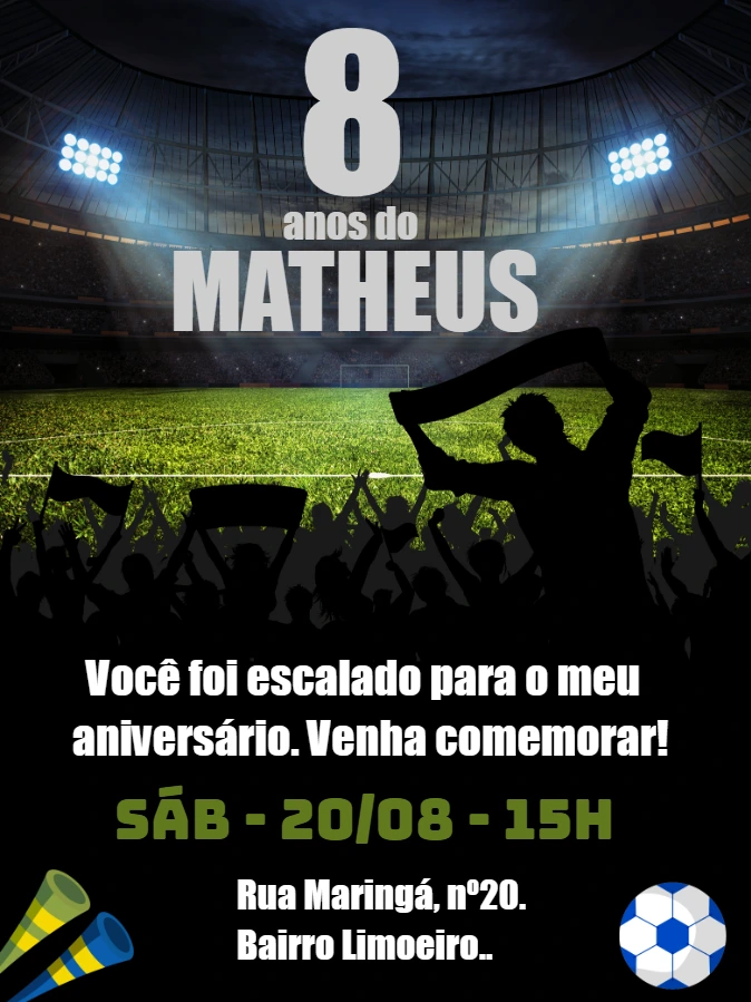 Convite de Aniversário Futebol Editável para Enviar Online