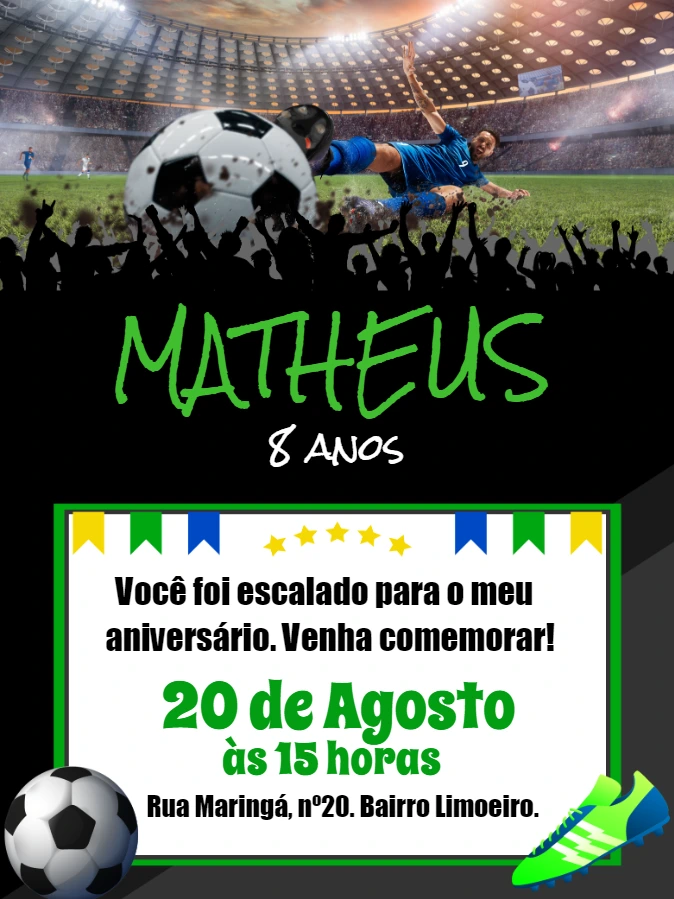 Convite de Aniversário Futebol com Jogador para Editar Online
