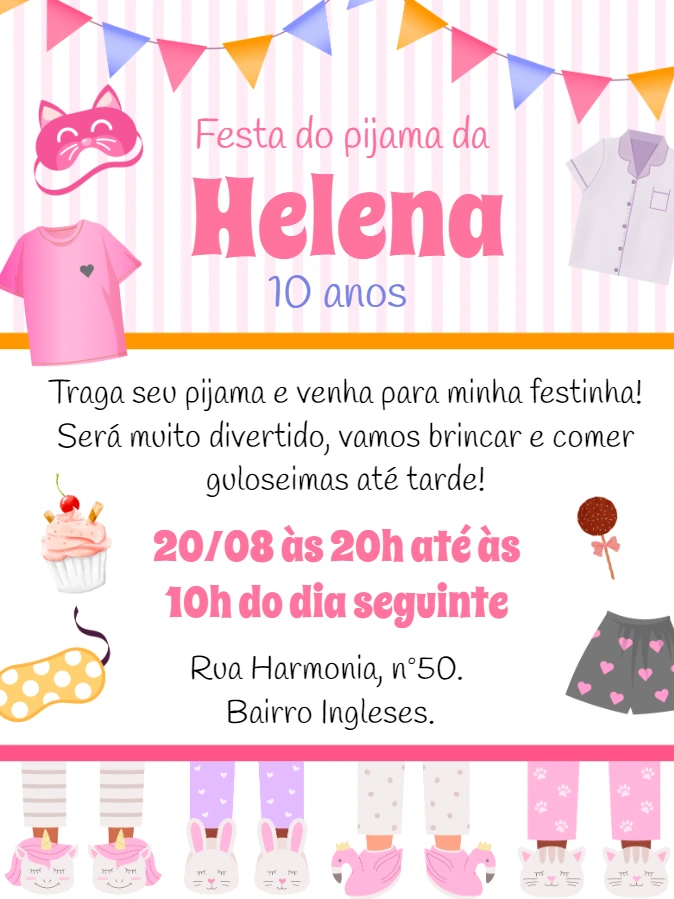 Convite Aniversário Festa do Pijama Rosa para Editar Online