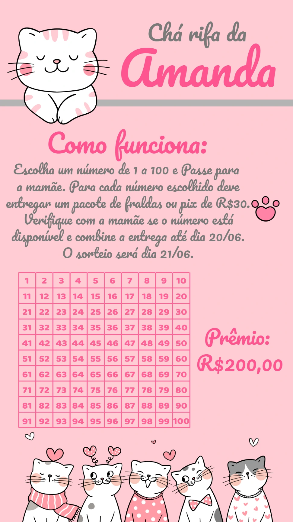 Chá Rifa de Gatinhos Fofos para Editar e Imprimir Online