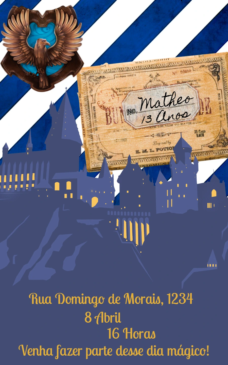 Convite Aniversário Harry Potter Corvinal para Editar Online