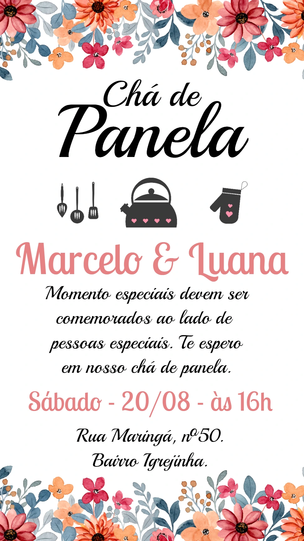 Convite Chá de Panela Floral Delicado para Editar Online