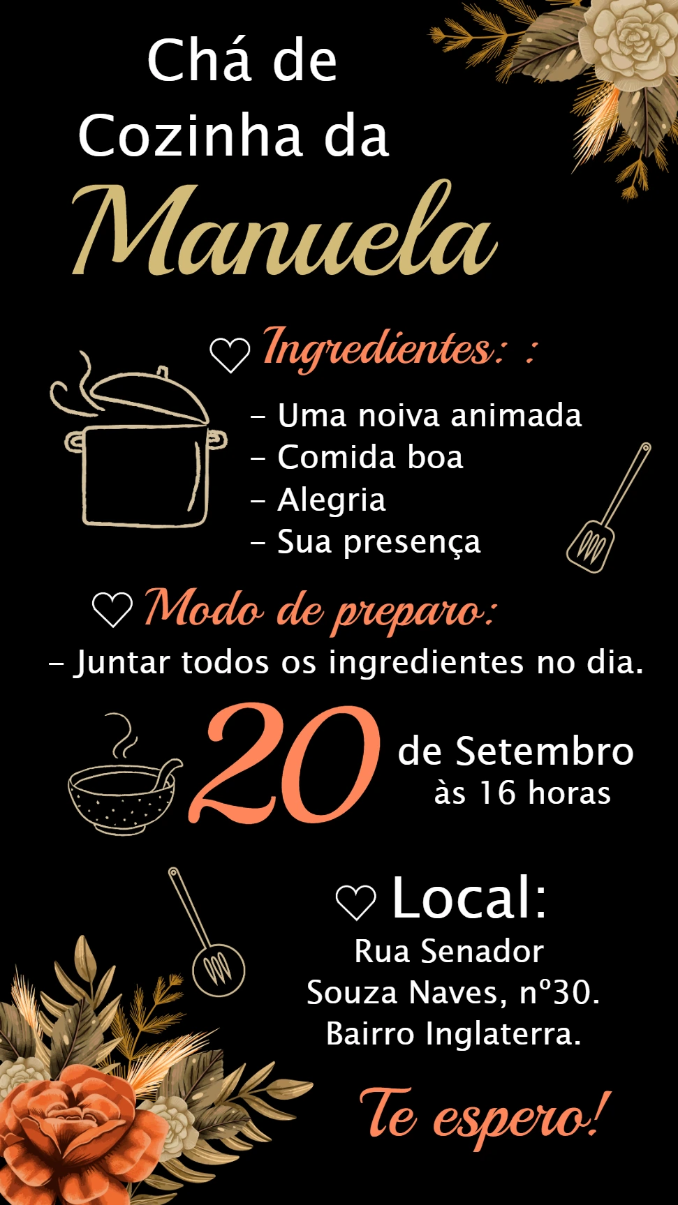 Convite Chá de Cozinha Floral Estilo Receita para Editar