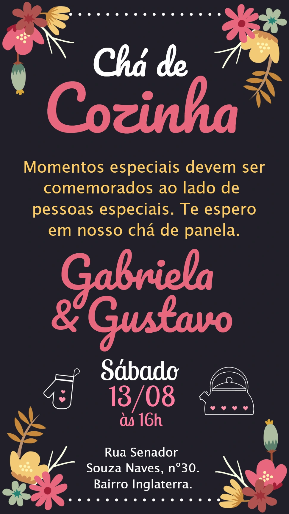 Convite Chá de Cozinha Quadro Negro Floral para Editar Online