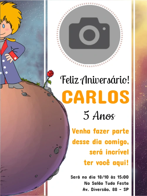 Convite de Aniversário Pequeno Príncipe com Foto para Editar