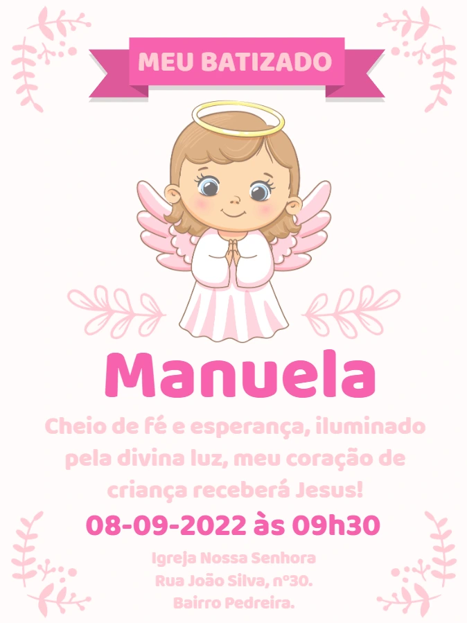 Convite de Batizado Anjinha Rosa para Editar Online