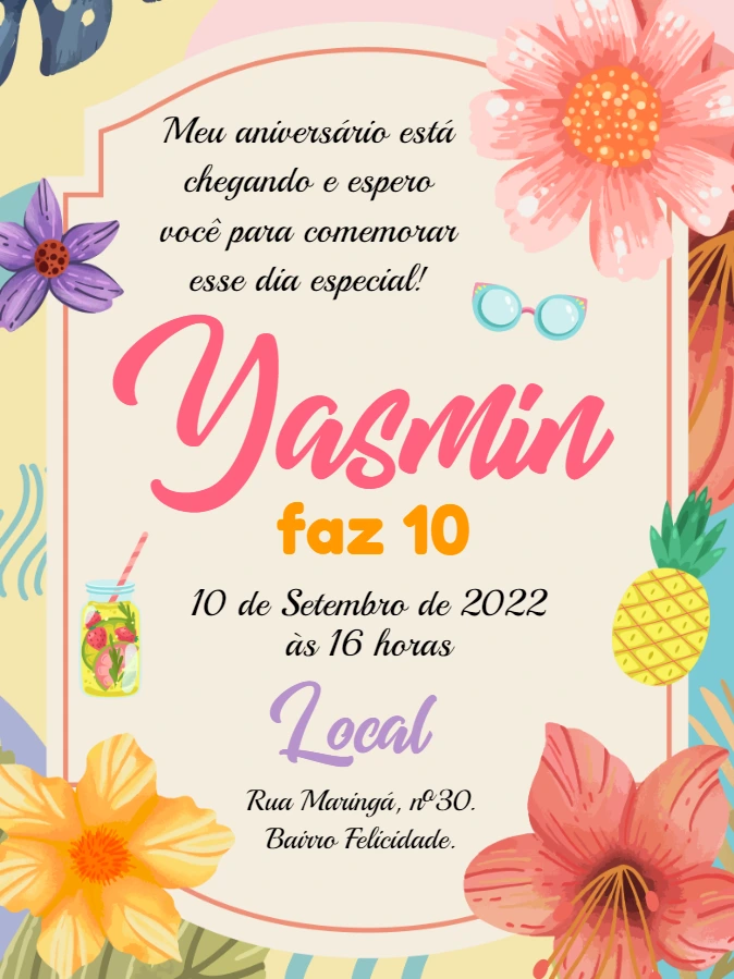 Convite de Aniversário Tropical com Flores para Editar Online