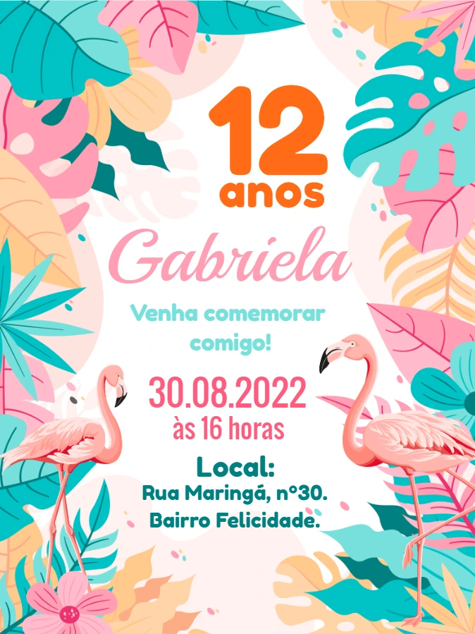 Convite Aniversário Tropical com Flamingos para Editar Online