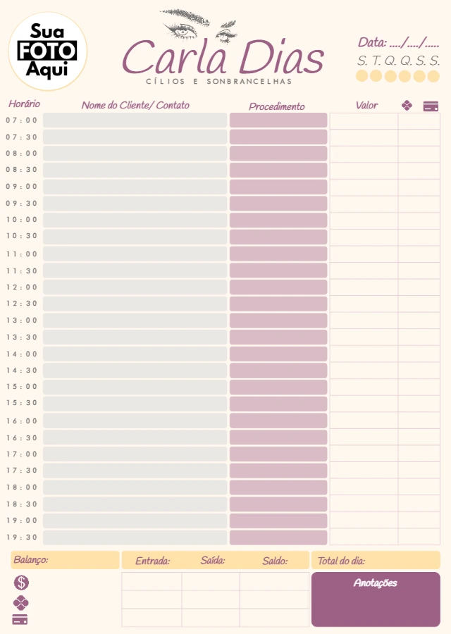 Agenda Diária para Cílios e Sobrancelhas Editável Online