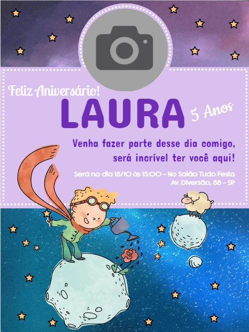 Convite Aniversário Pequeno Príncipe com Foto para Editar Online