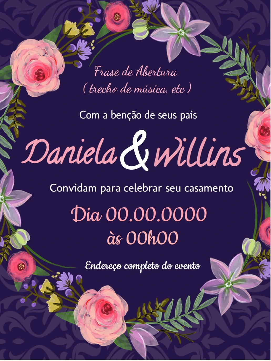 Convite de Casamento Floral Rústico para Editar Online