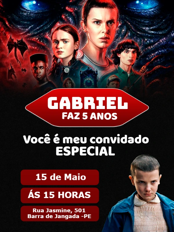 Convite Aniversário Stranger Things com Personagens para Editar