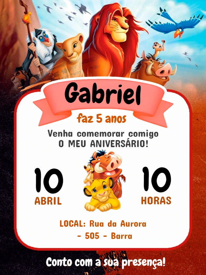 Convite de Aniversário Rei Leão com Personagens para Editar