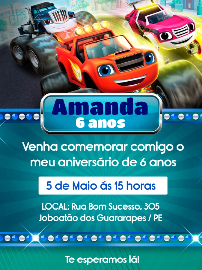 Convite Aniversário Blaze and The Monster Machines para Editar