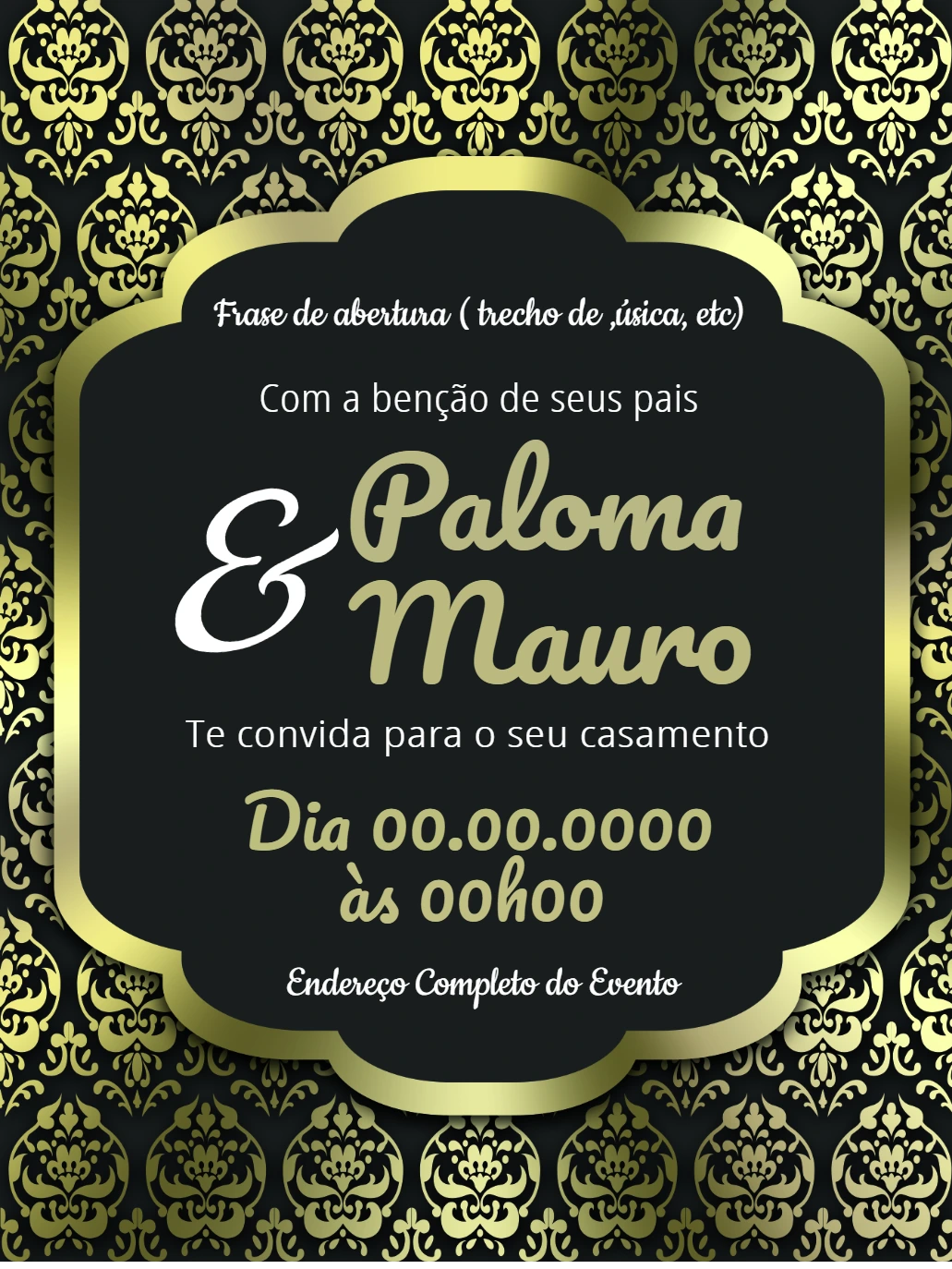 Convite de Casamento Arabescos Dourados para Editar Online