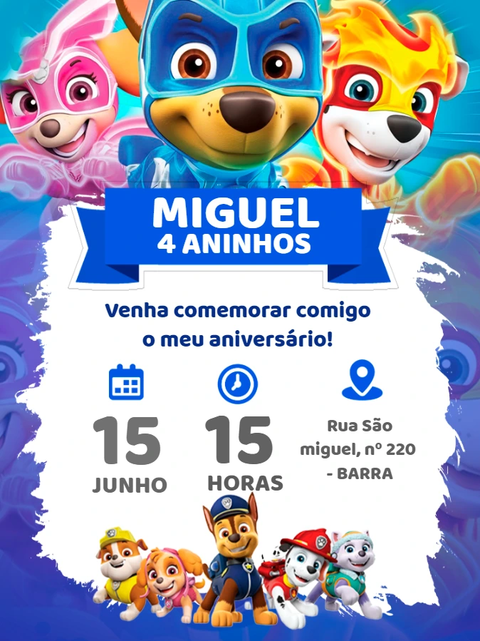 Convite Aniversário Patrulha Canina com os Heróis para Editar