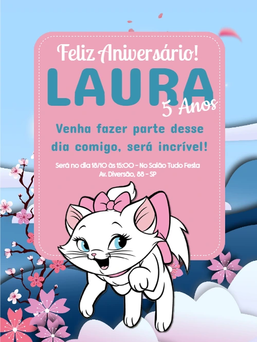 Convite de Aniversário Gata Marie para Editar Online e Imprimir
