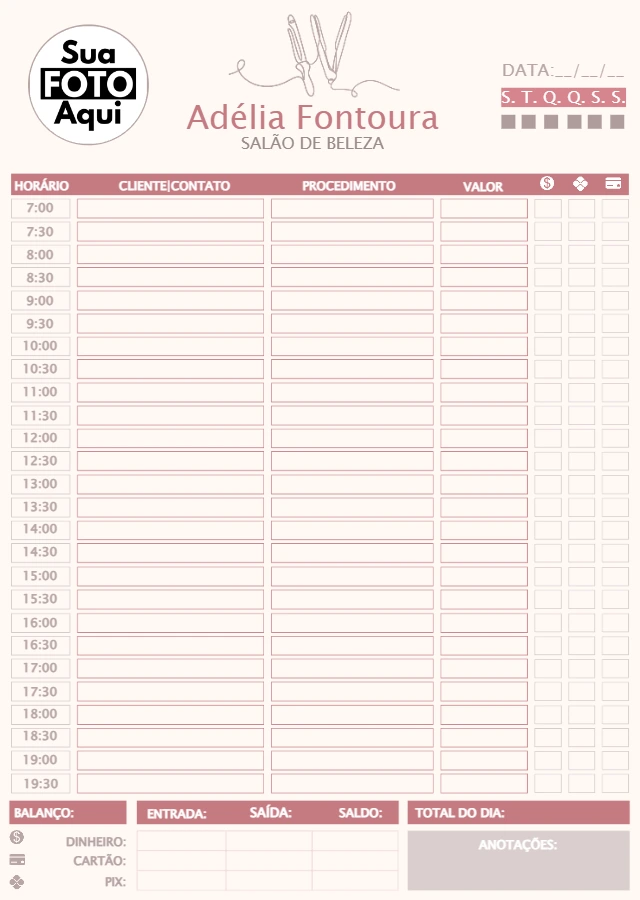 Folha de Agendamento Salão de Beleza Editável para Imprimir