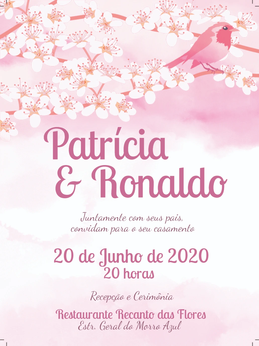 Convite de Casamento Floral Rosa com Pássaro para Editar