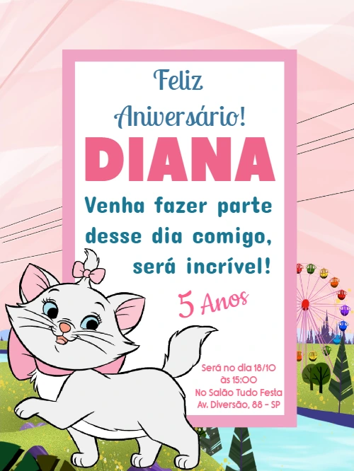 Convite de Aniversário Gata Marie para Editar Online
