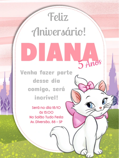 Convite Aniversário Gata Marie para Editar Online