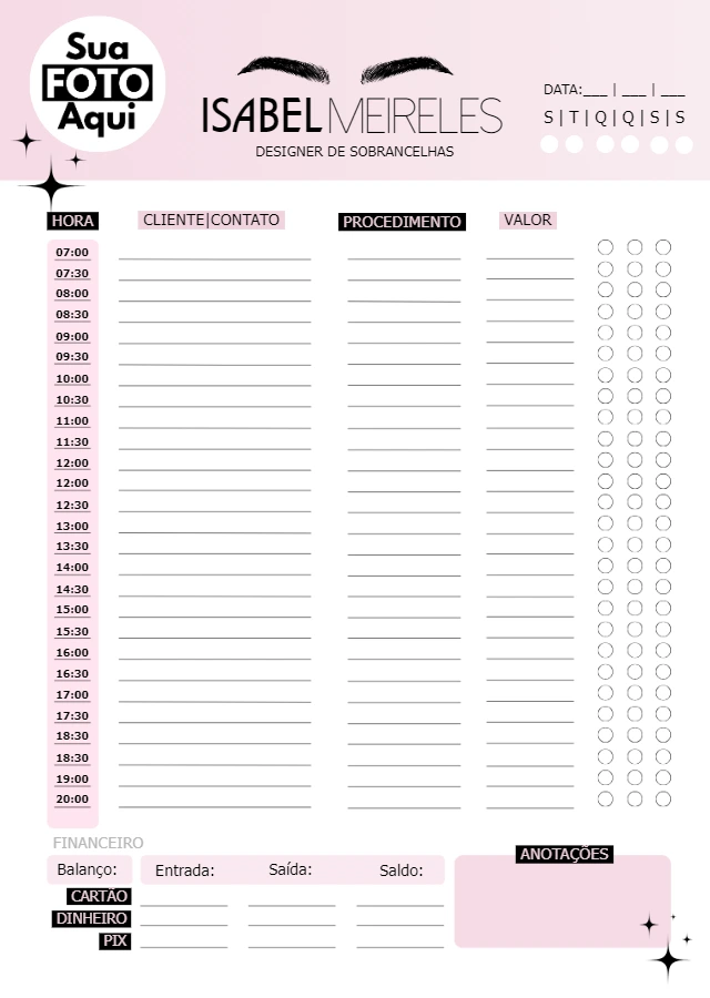 Agenda Diária para Designer de Sobrancelhas Editável Online