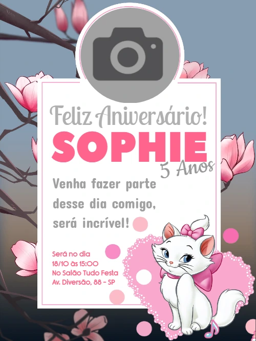 Convite Aniversário Gata Marie com Foto para Editar Online