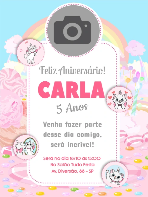 Convite Aniversário Gata Marie com Foto para Editar Online
