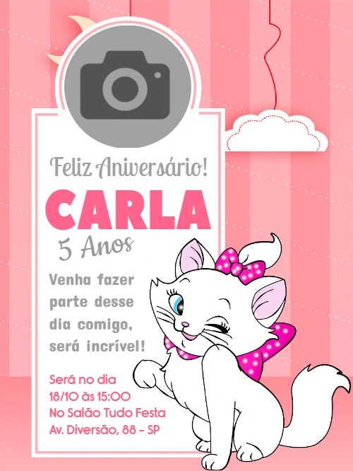 Convite Aniversário Gata Marie com Foto para Editar Online