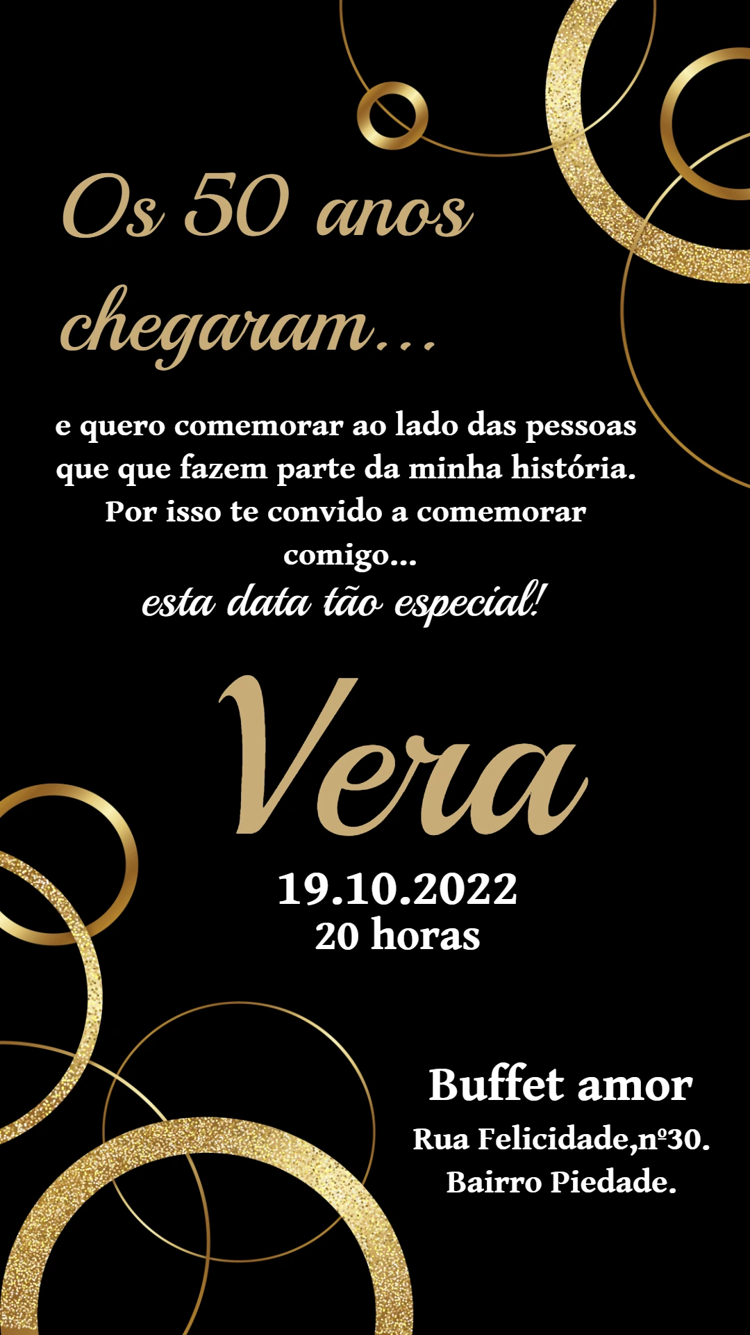 Convite Aniversário 50 Anos Dourado e Preto para Editar Online