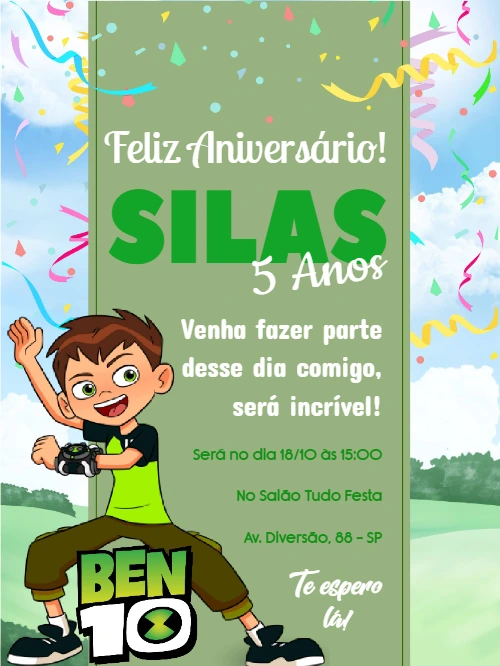 Convite de Aniversário Ben 10 para Editar Online e Imprimir
