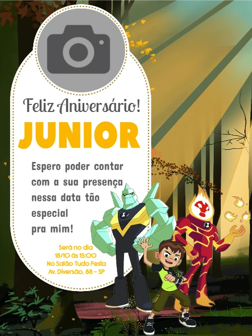 Convite Aniversário Ben 10 com Foto para Editar Online