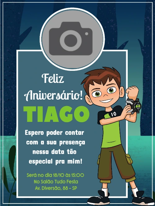 Convite de Aniversário Ben 10 com Foto para Editar Online