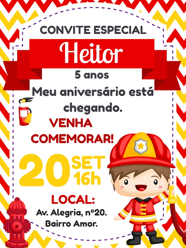 Convite Aniversário Bombeiro Infantil para Editar Online