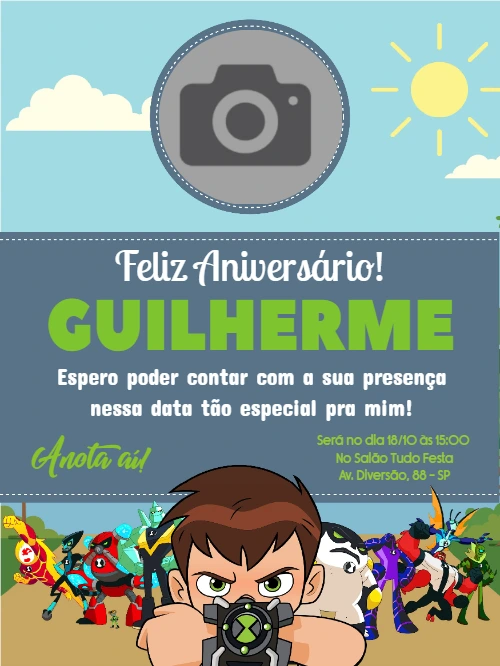 Convite Aniversário Ben 10 com Foto para Editar Online