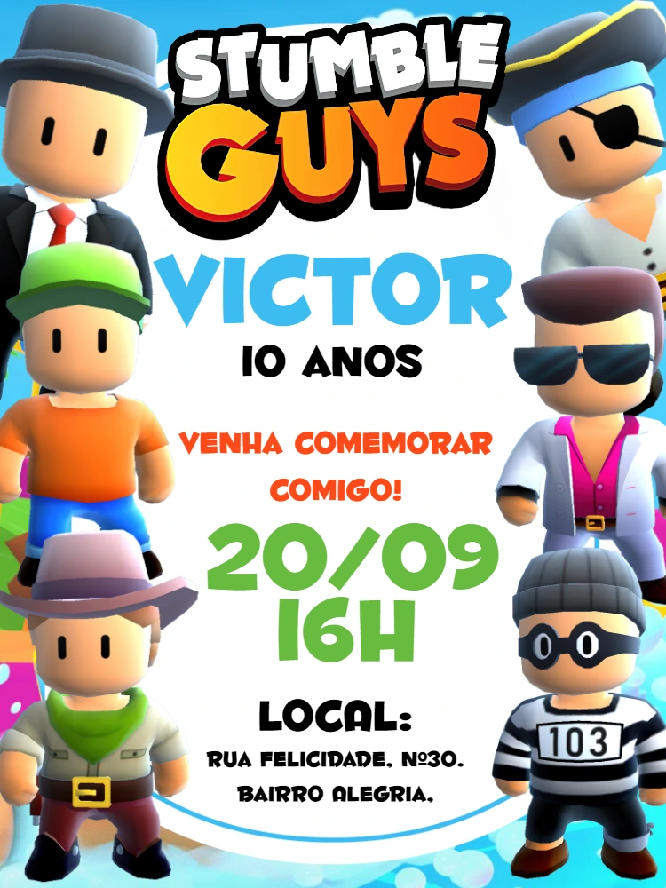 Convite de Aniversário Stumble Guys para Editar Online