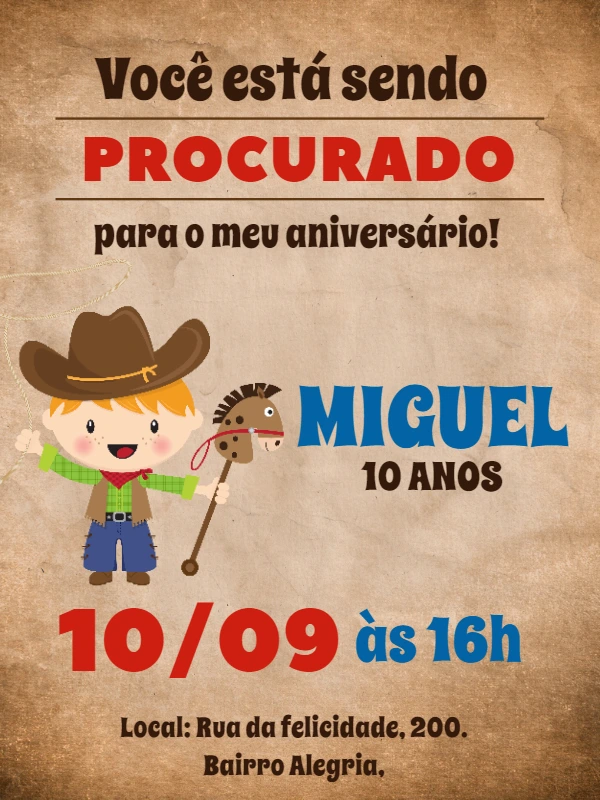 Convite de Aniversário Cowboy Procurado Editável Online