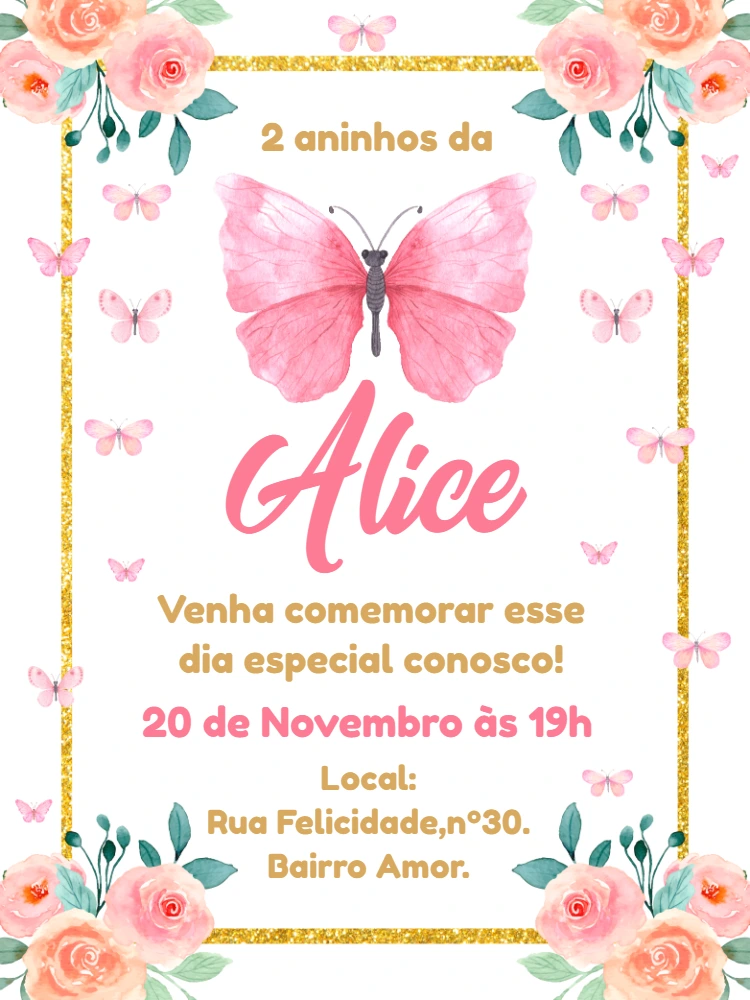 Convite Aniversário Jardim das Borboletas para Editar Online