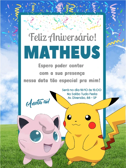 Convite de Aniversário Pokémon com Personagens para Editar Online